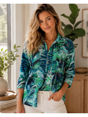Women's Southern Lady Button Down Shirt Size 14 Green Blue Tropical Print